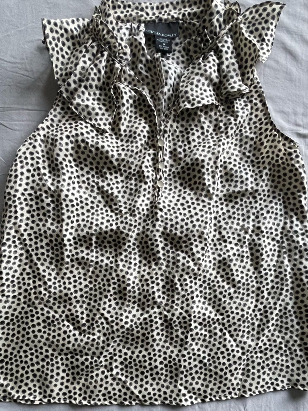 Cynthia Rowley 100% Silk Polka Dot Blouse Women's M Sleeveless Ruffle Mock Neck